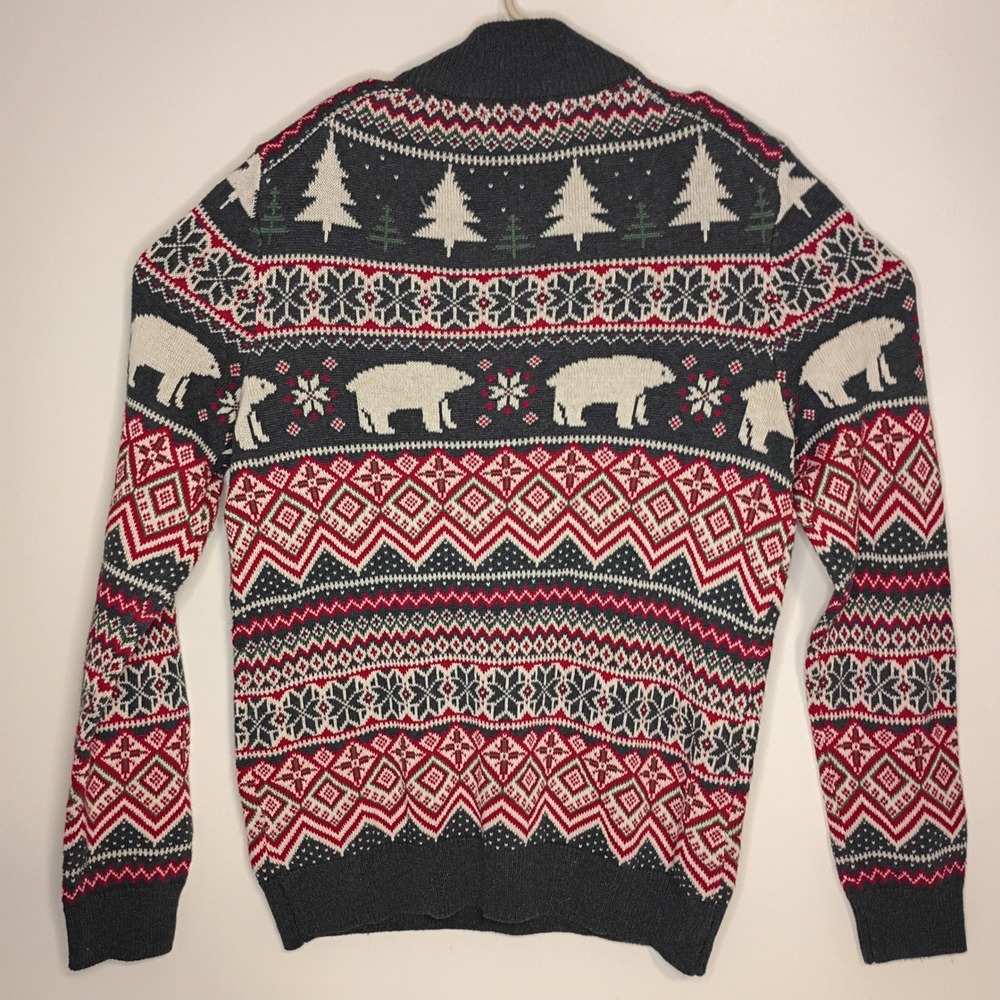 Aspen Quarter Zip Sweater Mens Medium Fair Isle Polar Bear Christmas Cotton Knit - Picture 4 of 7